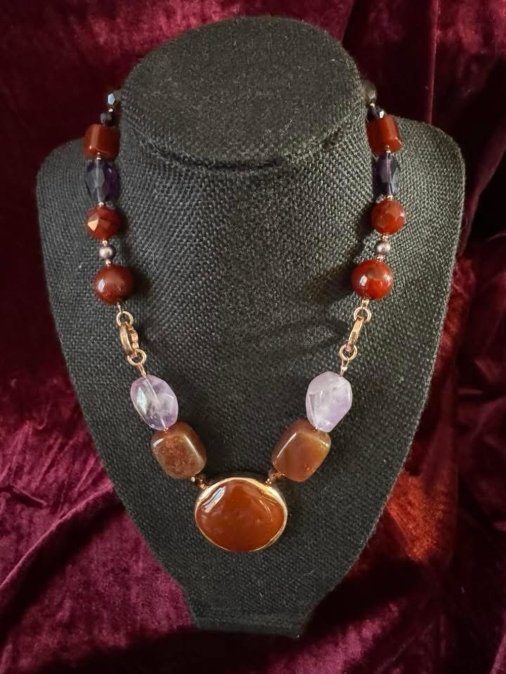 Vintage Etienne Aigner Brown and Purple Beaded Statement Necklace